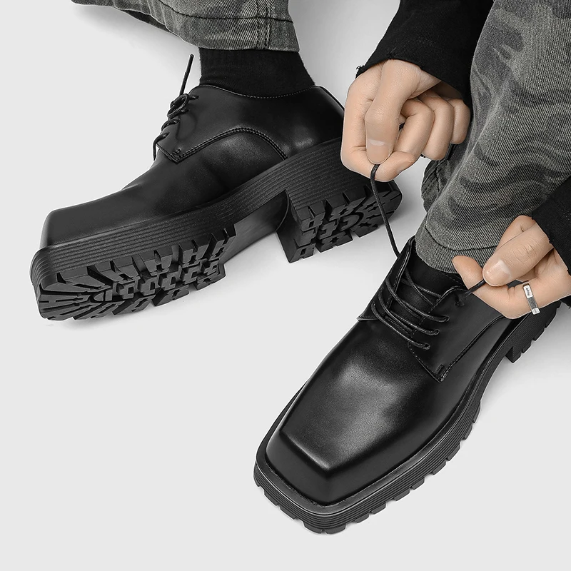 

Men's Fashion Original Leather Brand Niche Design Square-toed Height-increasing Shoe Evening Gowns Black Trendy Fashionable Shoe