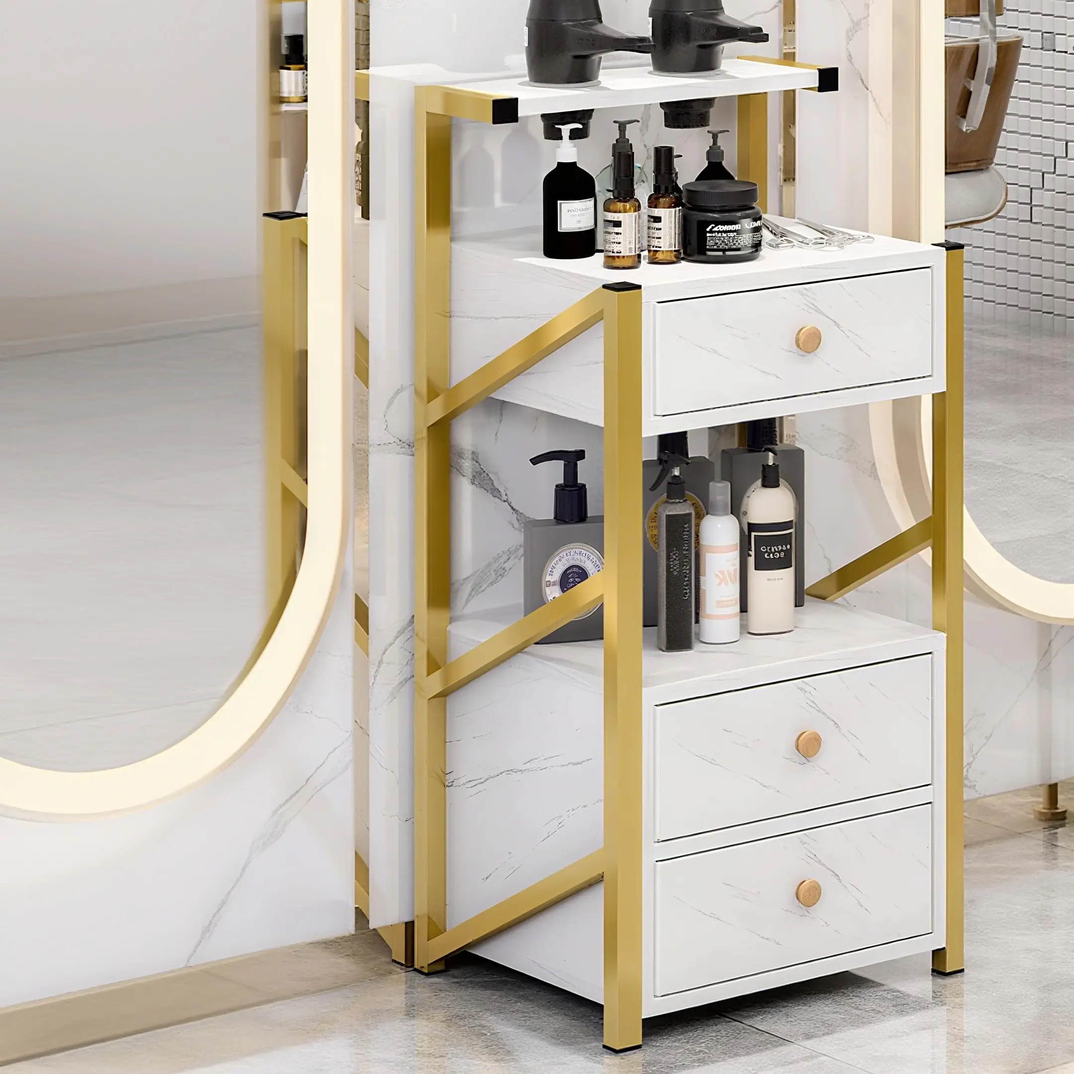 

Станция для парикмахерской, шкаф для хранения в салоне с 3-мя ящиками и держателями для фена Экономия места Органайзер для инструментов для волос Укладка волос