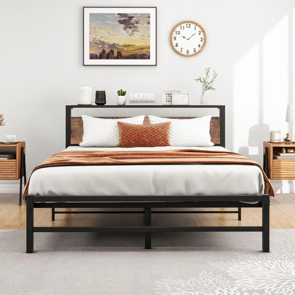 

Queen Bed Frame with Wood Storage Headboard, Metal Platform Bed Frame Queen Size No Box Spring Needed, Strong Slats Mattress