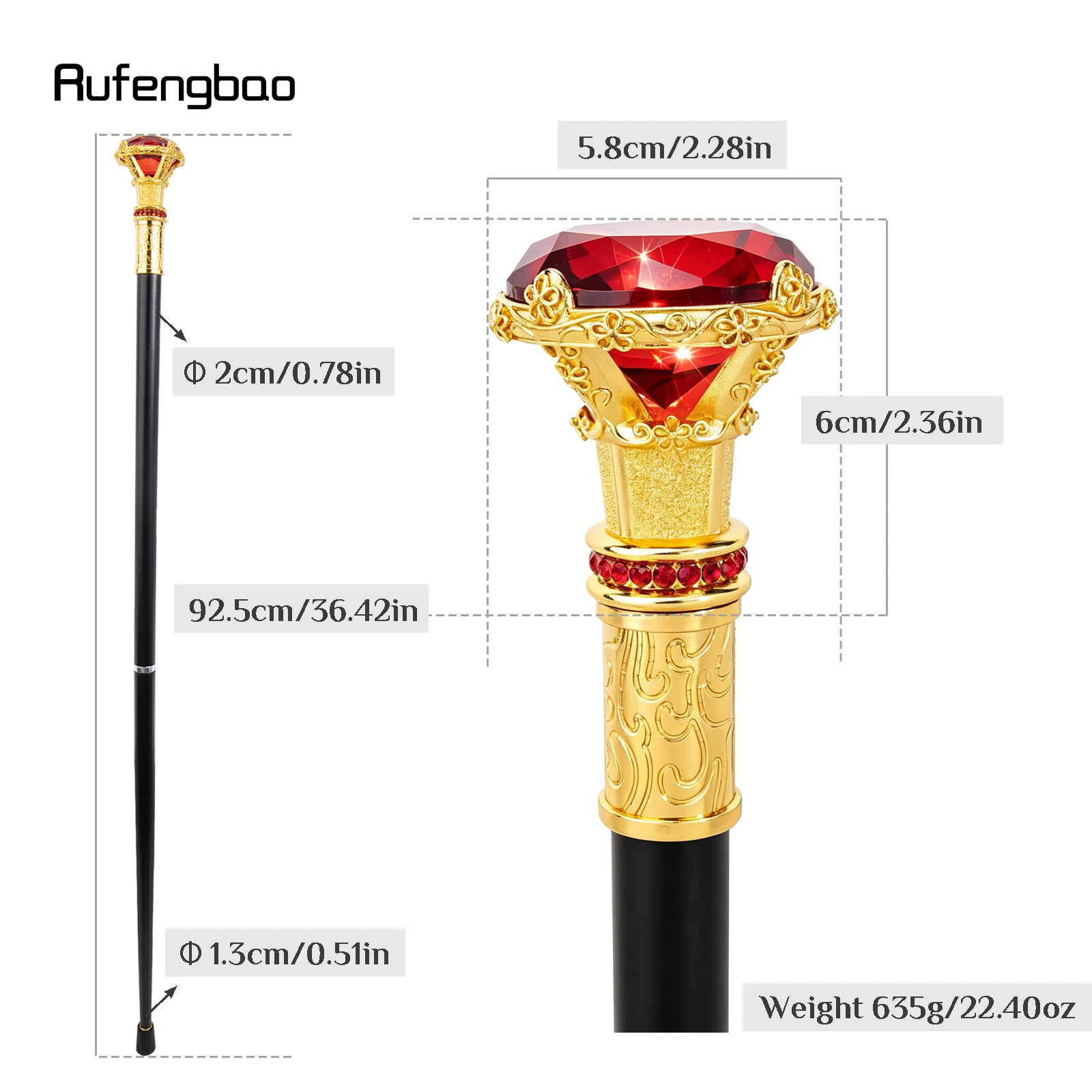 Red Diamond Type Golden Walking Cane Fashion Decorative Walking Stick Gentleman Elegant Cosplay Cane Knob Crosier 93cm