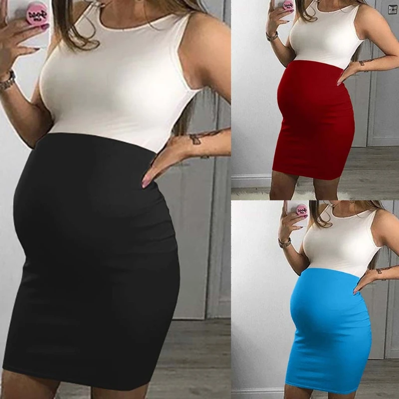 Sleeveless Contrasting Patchwork Maternity Dress Jumpsuit Hip Hugging Skirt