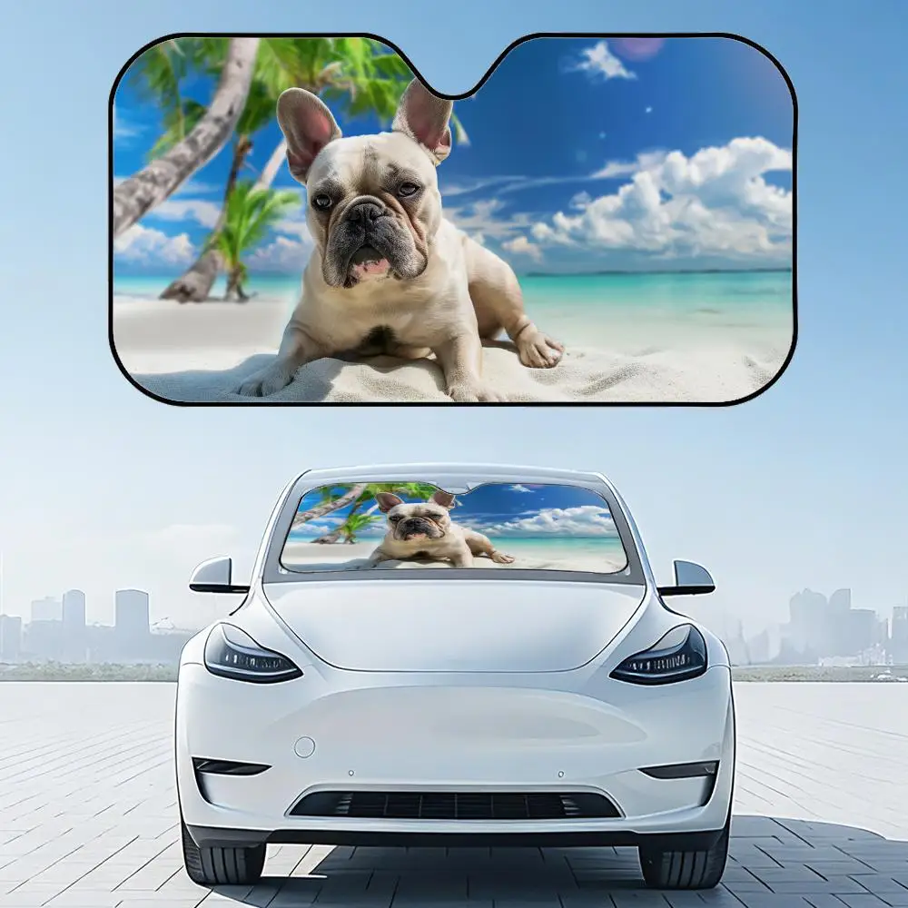 

Dog Exploring Tropical Beach Sun Visor Reusable Aluminum Foil Car Windshield Sun Visor UV Protector Heat Insulation Cover Shade
