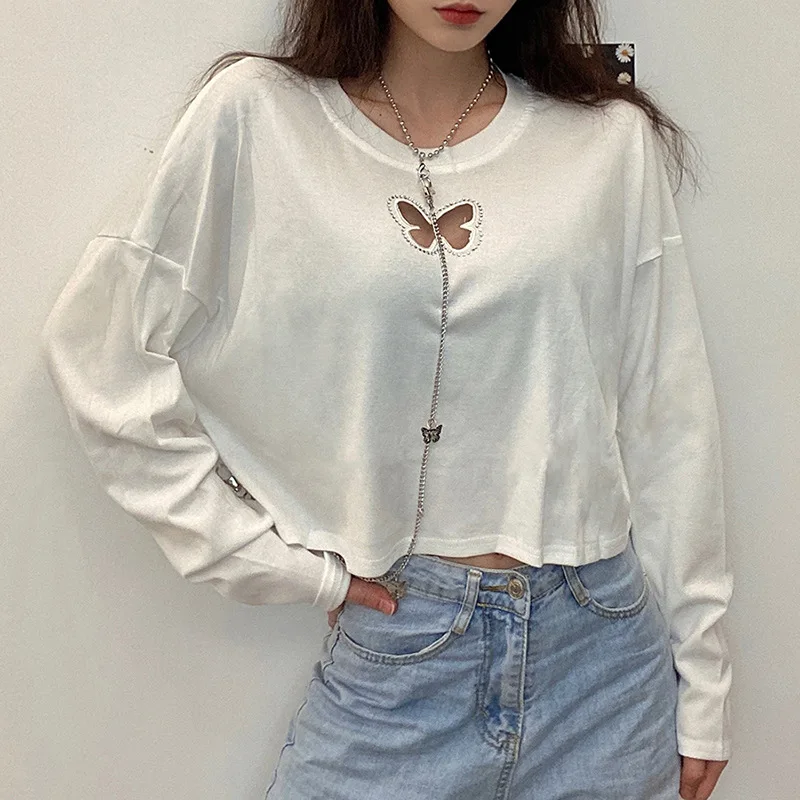 

Casual College Style Women Cotton Tops Fall Cut Out Hole T-shirt with Chic Chain Decoration New Whiter Loose Streetwear