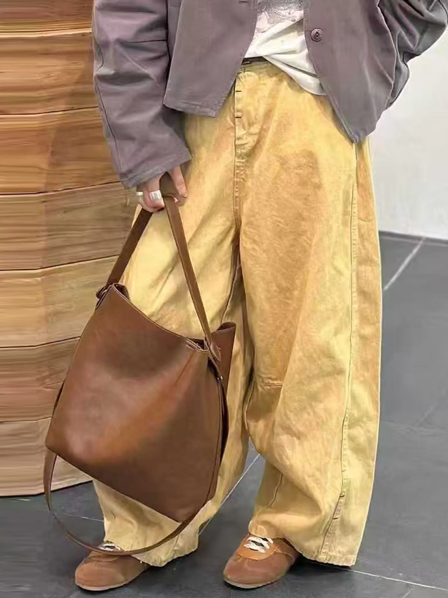 

Trendy Loose Wide Leg Jeans Spring 2026 Patchwork Stitching Slimming Elastic Waist Cotton Pure Color Versatile Casual Fit