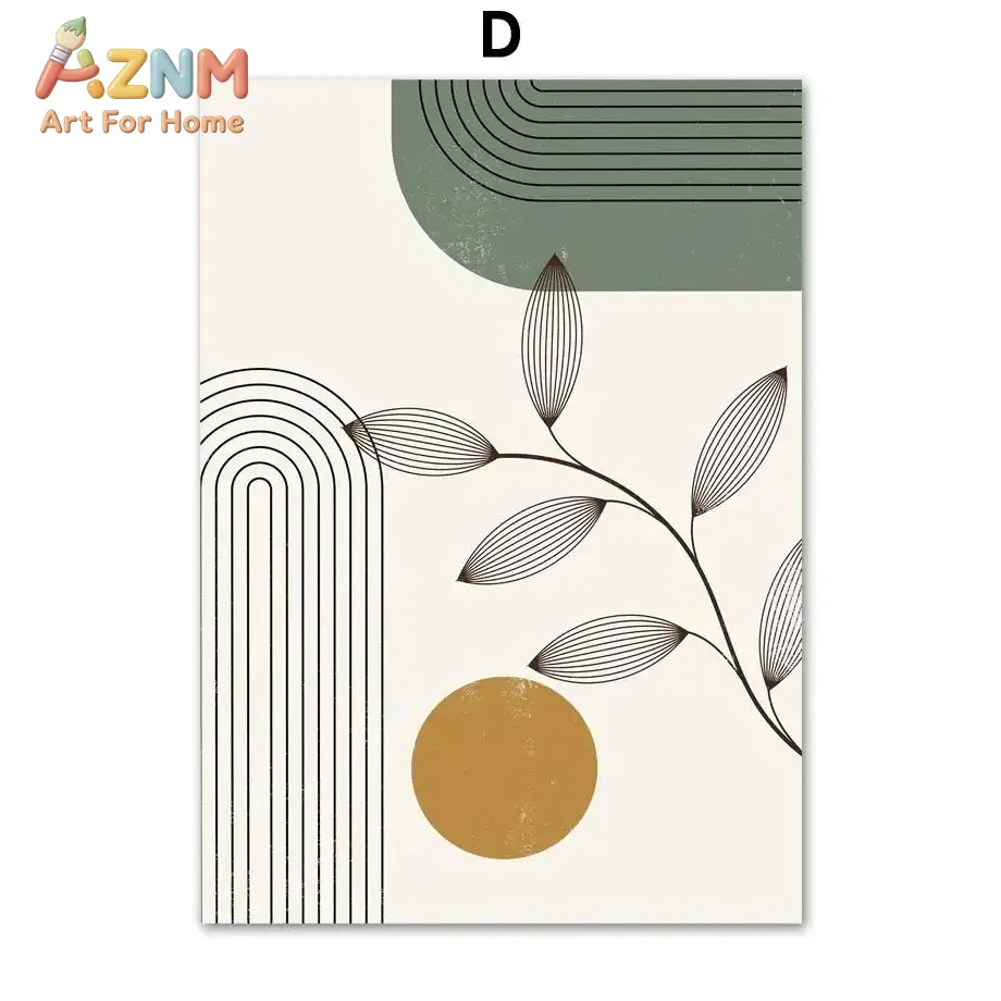 Abstract Boho Leaf Lines Canvas Art  Rainbow Sun Color Block Wall Decor for Living Room