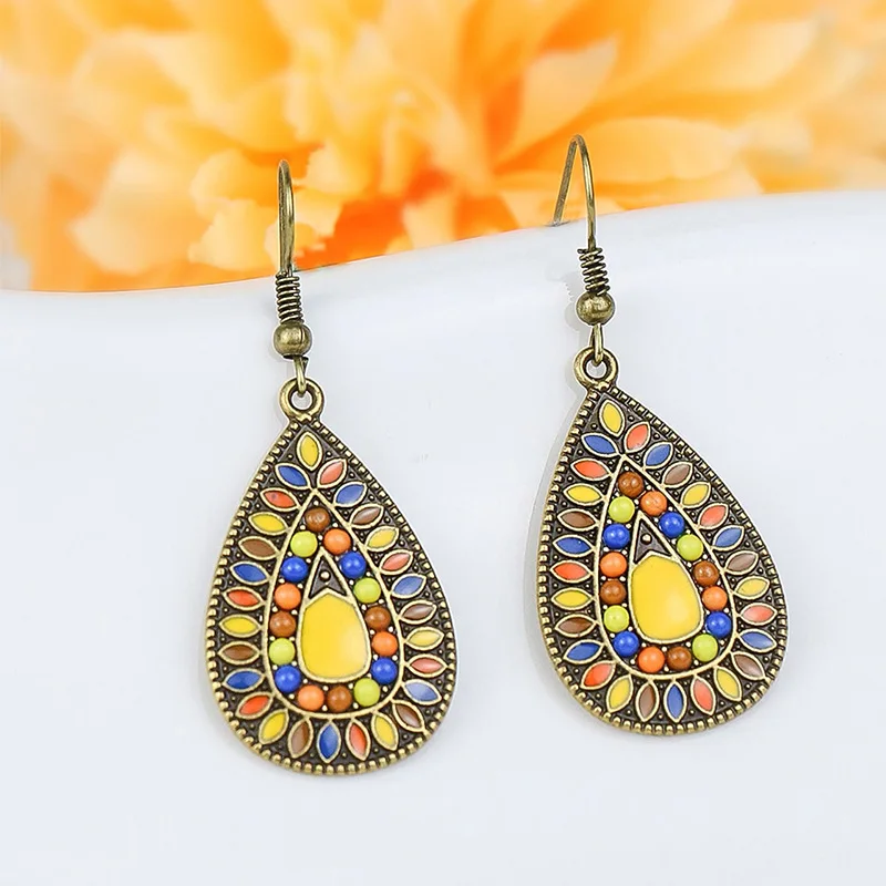 Vintage Ethnic Drop Oil Round Water Drop Dangle Earrings for Women Colorful Tassel Leaf Geometric Earrings Pendientes Mujer Boho