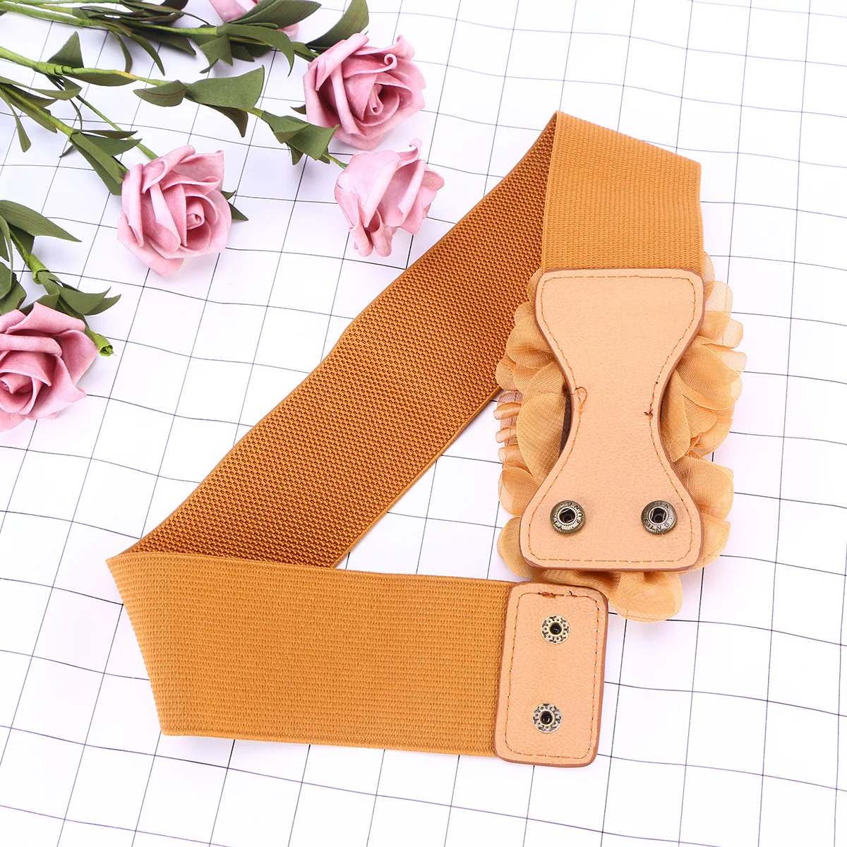 

Flower Buckle Elastic Waist Belt For Women Brown Slim Fit Dress Adjustable Waistband For Dress Elastic Waistband