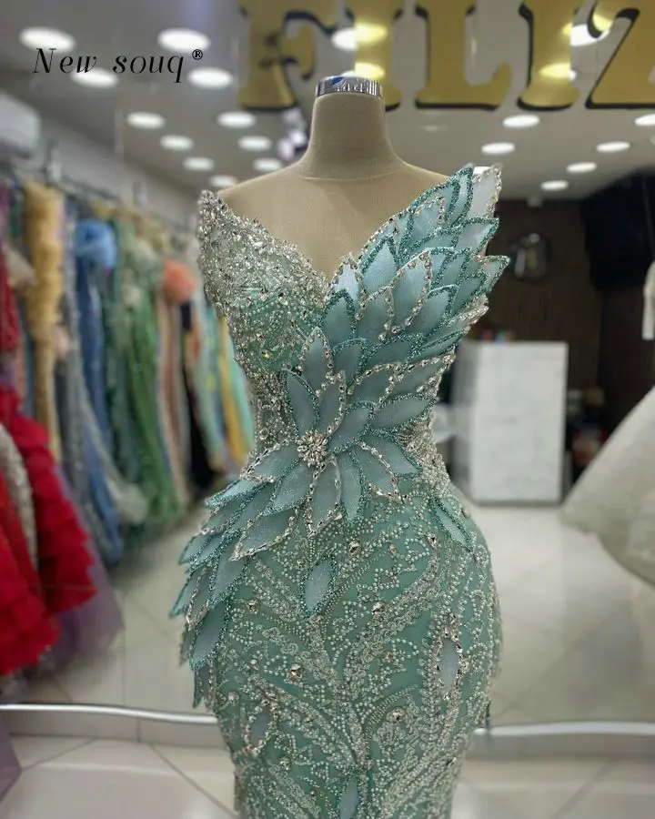 Arabic Glittering Long Mint Green 3D Leaf Designs Mermaid Wedding Evening Dresses Crystals Women's Dinner Party Gowns Customized