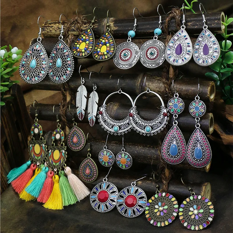 Pendientes de goteo de color bohemio transfronterizo de Amazon, pendientes con flecos de estilo para mujer, joyería al por mayor