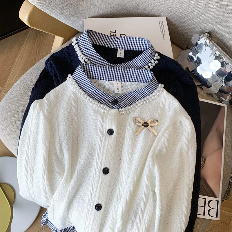 Модный лоскутный женский кардиган с милым бантом, однобортный вязаный укороченный свитер Y2K, вязаные джемперы с оборками и длинными рукавами