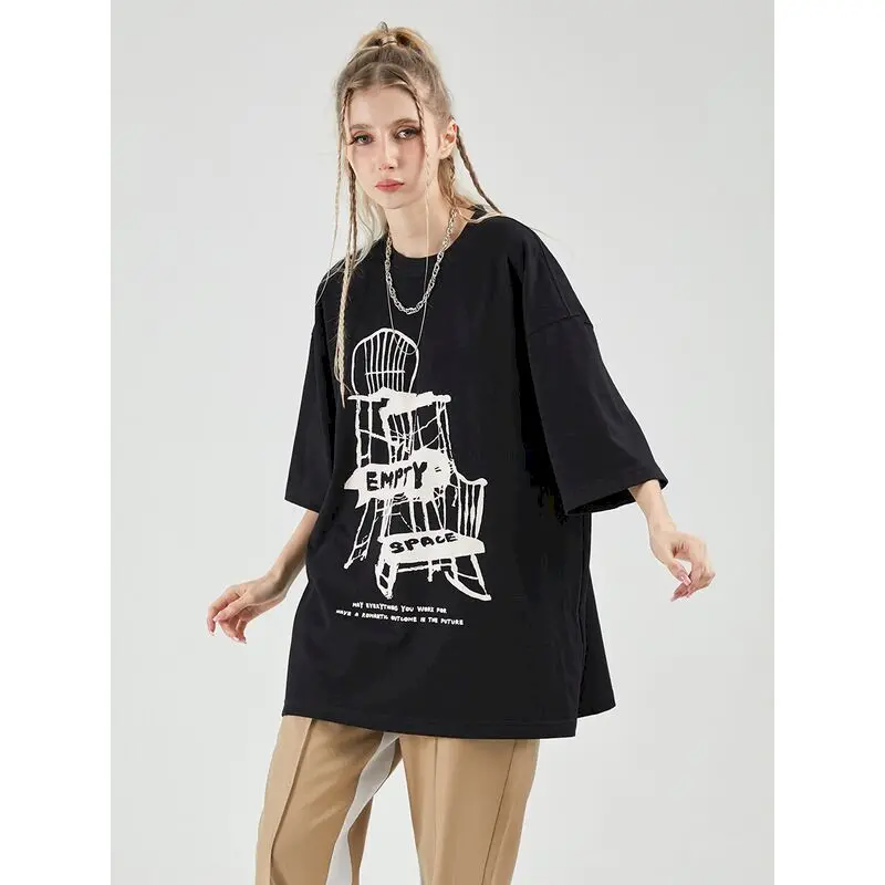 

Line Graffiti Print T Shirt Women Summer Hand-painted Trend T-shirt Men's Short-sleeved All-match Loose Tops Women's T-shirts