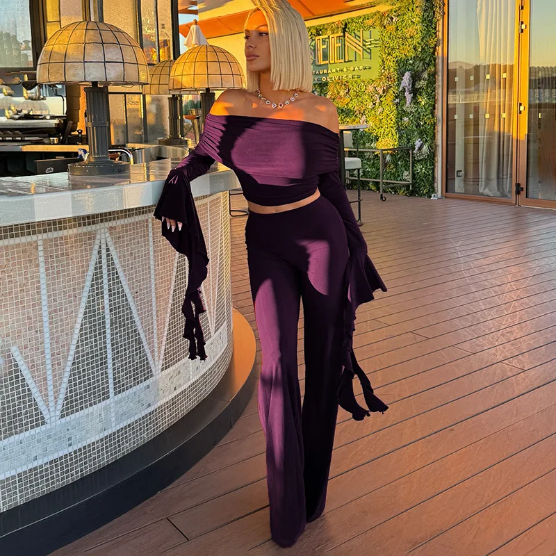 ชุดเซ็ตแฟชั่นผู้หญิง 2 ชิ้น สไตล์หรูหรา คอเฉียงผูกโบว์ แขนยาวทรงบานระบาย พร้อมกางเกงขายาวทรงกระบอก