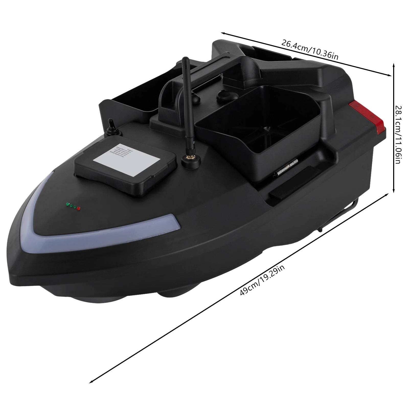 GPS เรือตกปลาเหยื่อสีดําพร้อมรีโมทคอนโทรลมอเตอร์คู่ใบพัดสามใบสําหรับการตกปลากลางแจ้ง