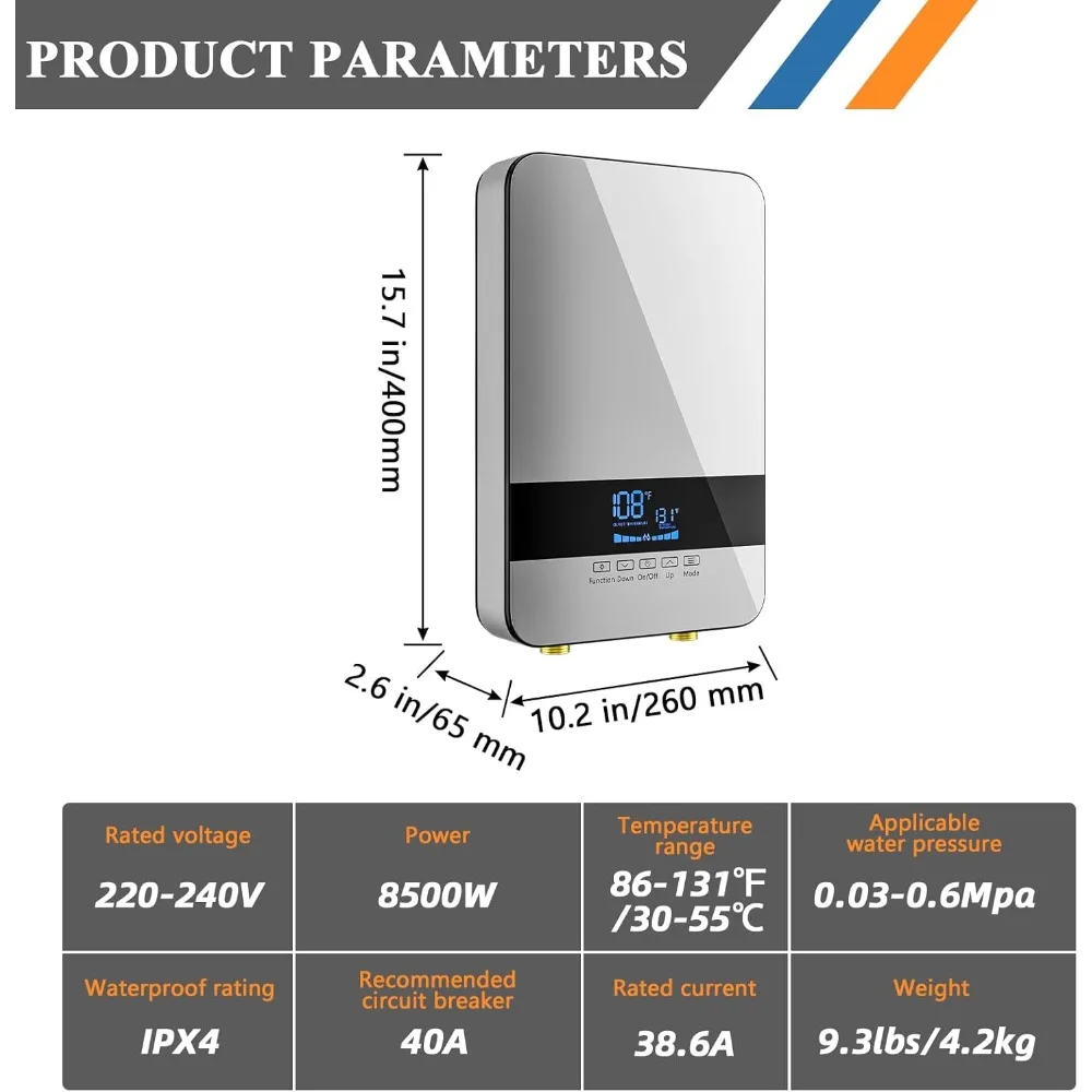 Tankless Water Heater Electric, 8.5KW 240V Point On Demand Hot Water Heater with Digital Display, Wall Mounting Water Heater