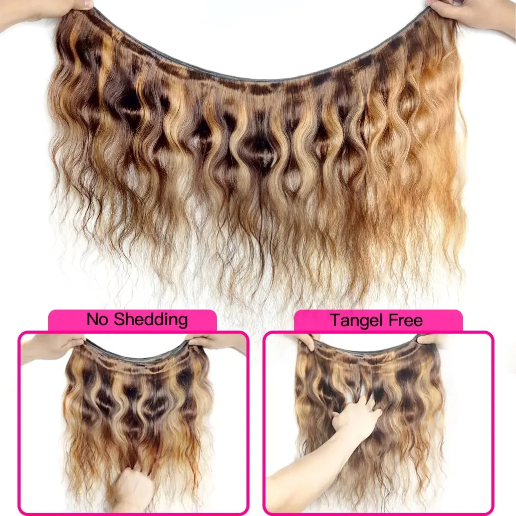 Pacotes de Onda Corporal Destaque Brasileiro com Encerramento Frontal Lace, Ombre Color, 100% Cabelo Humano, 13x4 HD, 4/27