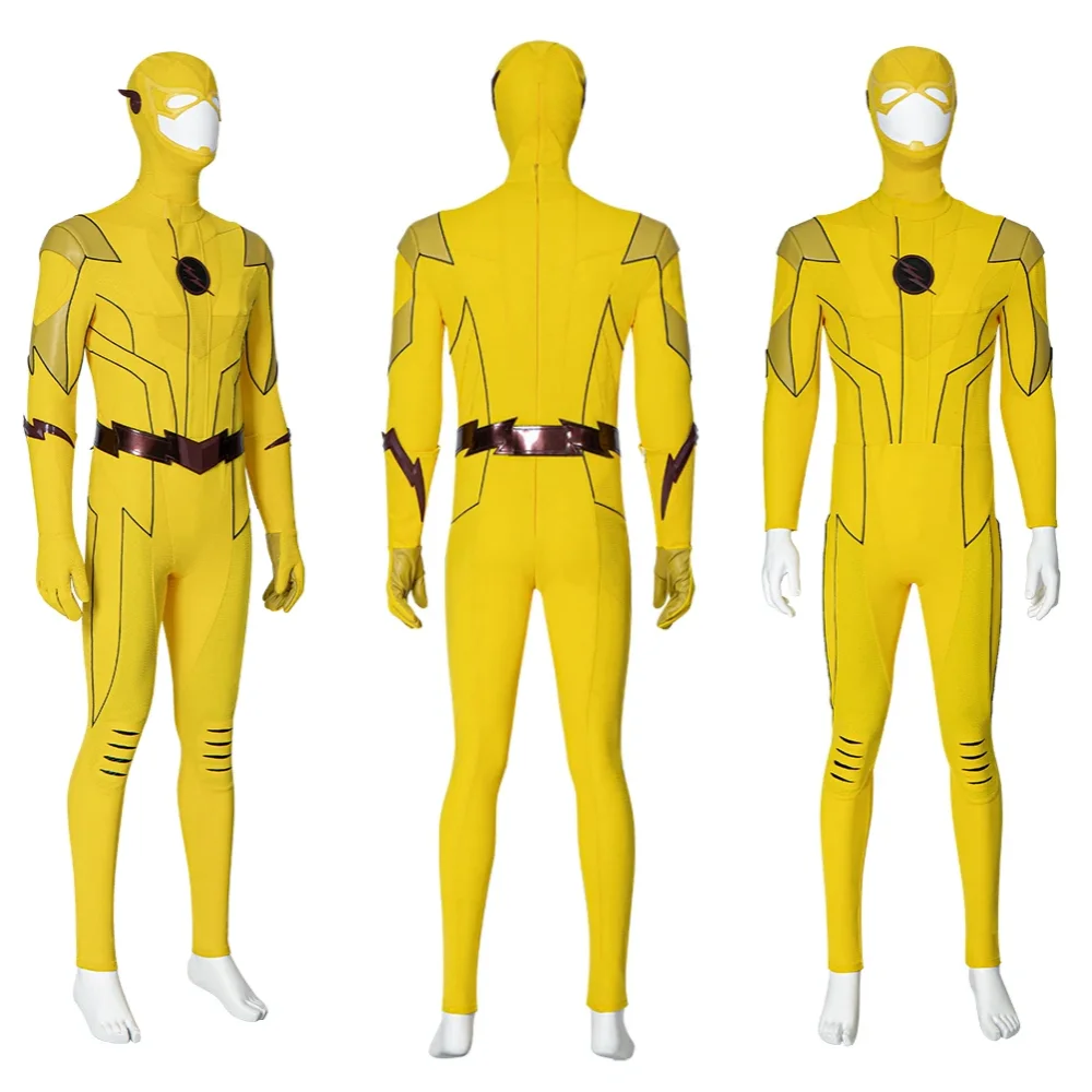 أزياء الهالوين الأصفر باري ألين التأثيرية للرجال Zentai معركة البدلة الزي بذلة قناع حزام قفازات مجموعة كاملة مصنوعة حسب الطلب