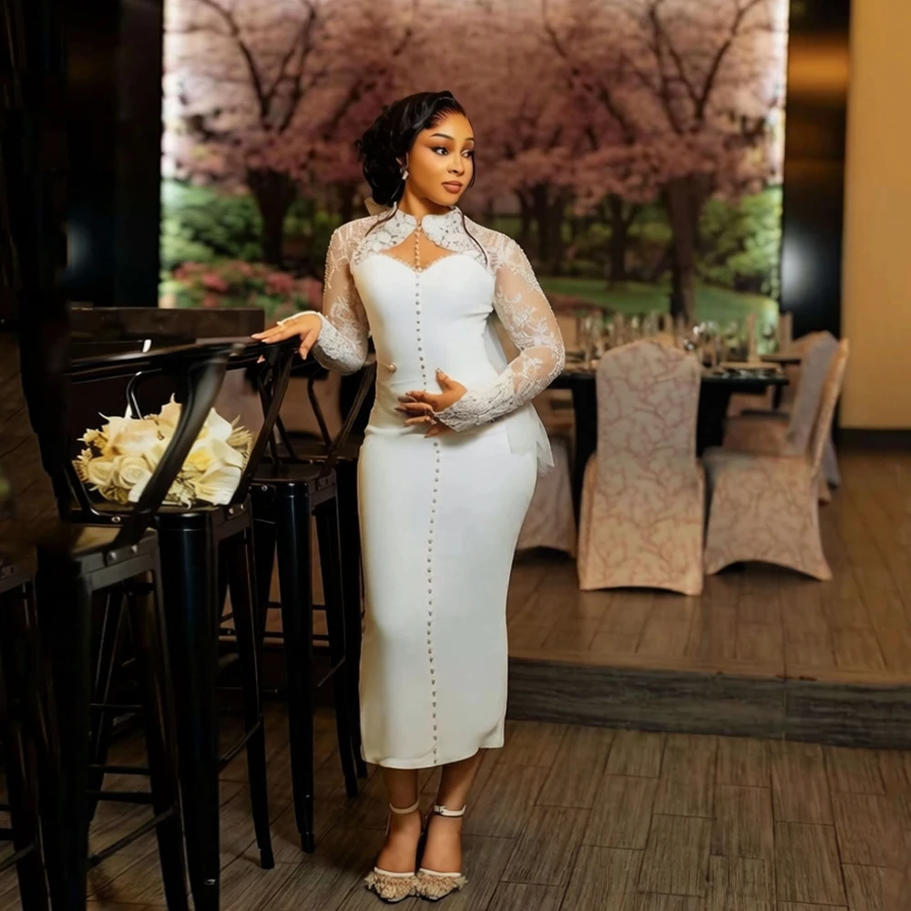 

Civil Wedding Dresses for Bride 2026 O-Neck Full Sleeve Button Midi Length Africa Lace Reception Dresses For Weddings Customized