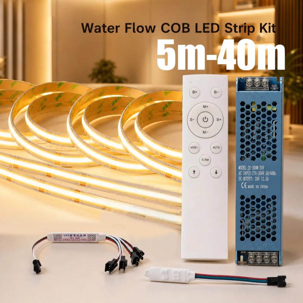 5m to 40m WS2811 COB Water Flow LED Strip DC24V 360LED/m 12 Key RF Remote Power Supply Kit TV Stair Cabinet Home Indoor Decor