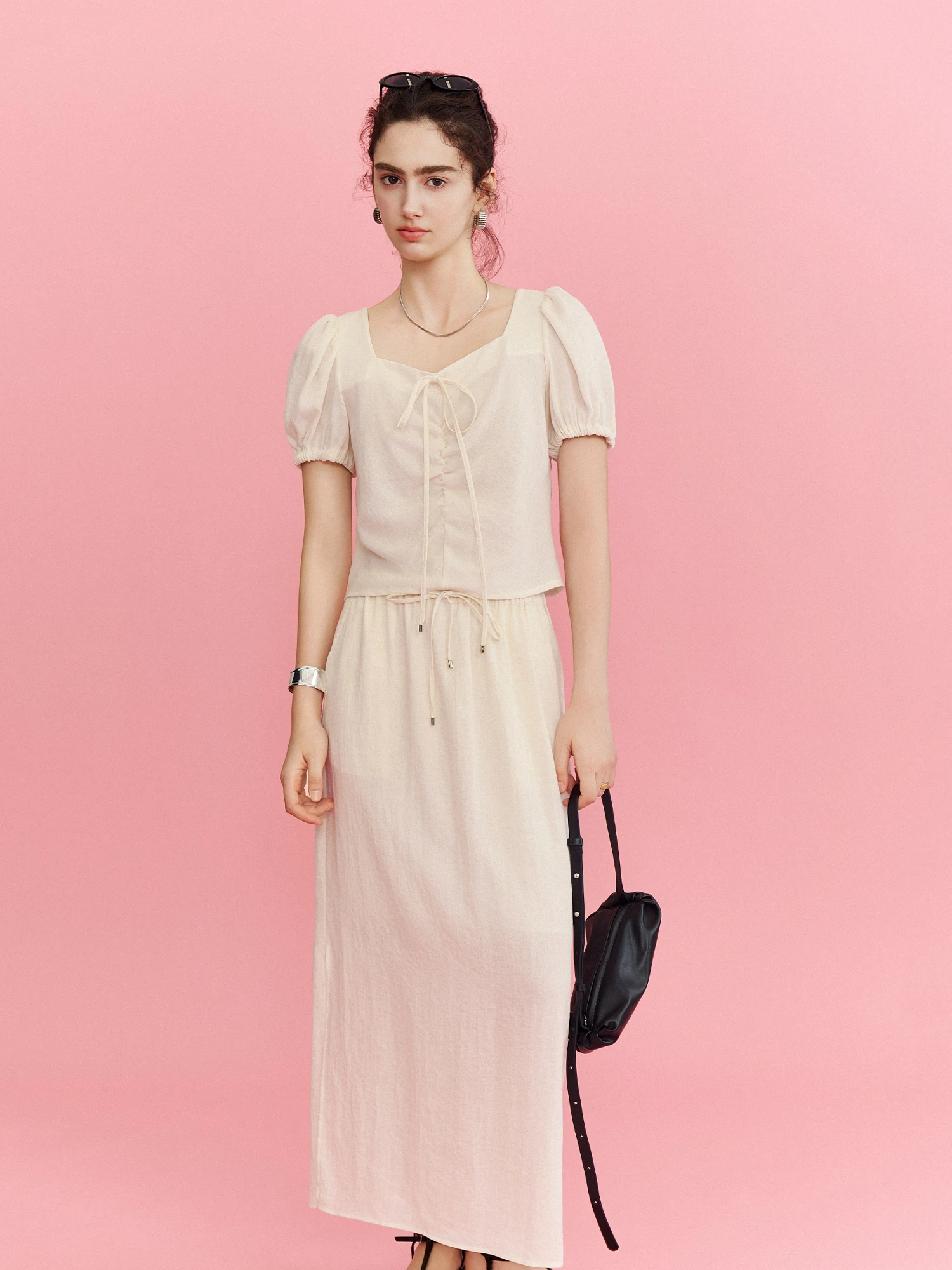 

CLMX Lightweight Linen Rayon Blend Fabric Square Collar Simple f Skirt Women's Faion Set Casual Sle ort Sve Top