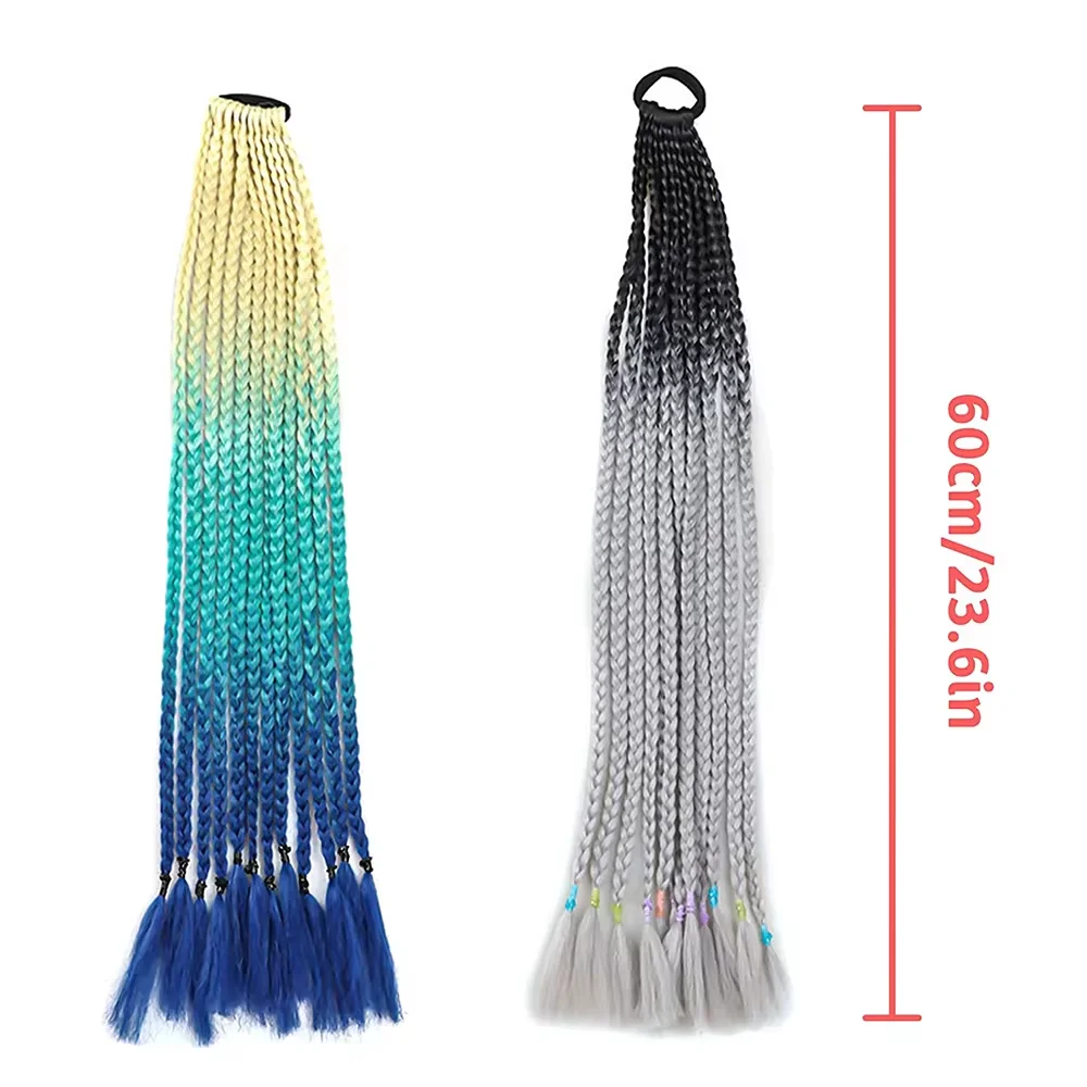 Synthetic Rainbow Hairpieces Colored Jumbo Braids Ponytail Overhead Tail with Rubber Elastic Band Braids Pigtail