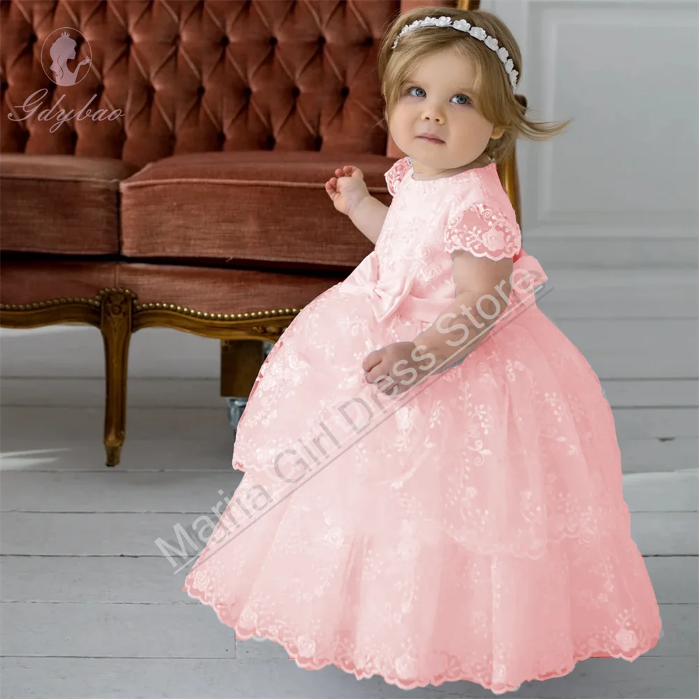 

Pink Mesh Cute Girl Toddler Baptism Dress Fluffy Princess Birthday Party First Communion Evening Gown Customizable