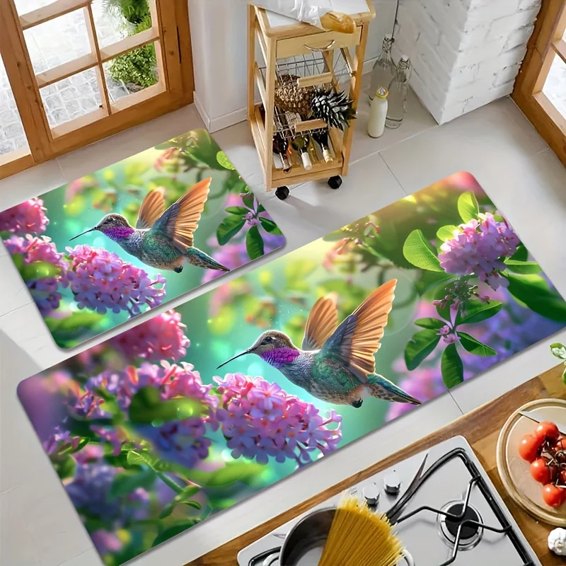 Hummingbird Flowers Print Kitchen Rug, Decorative Floor Mat for Dining Room Bathroom Bedroom Home Entrance Decor