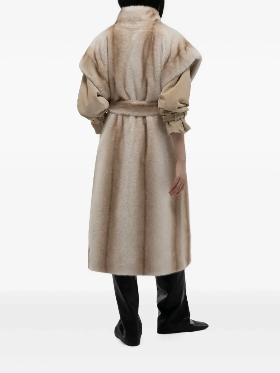 LIMO Women Faux Mink Fur Long Coat Stand Collar Belted Spliced Sleeve Warm Outerwear