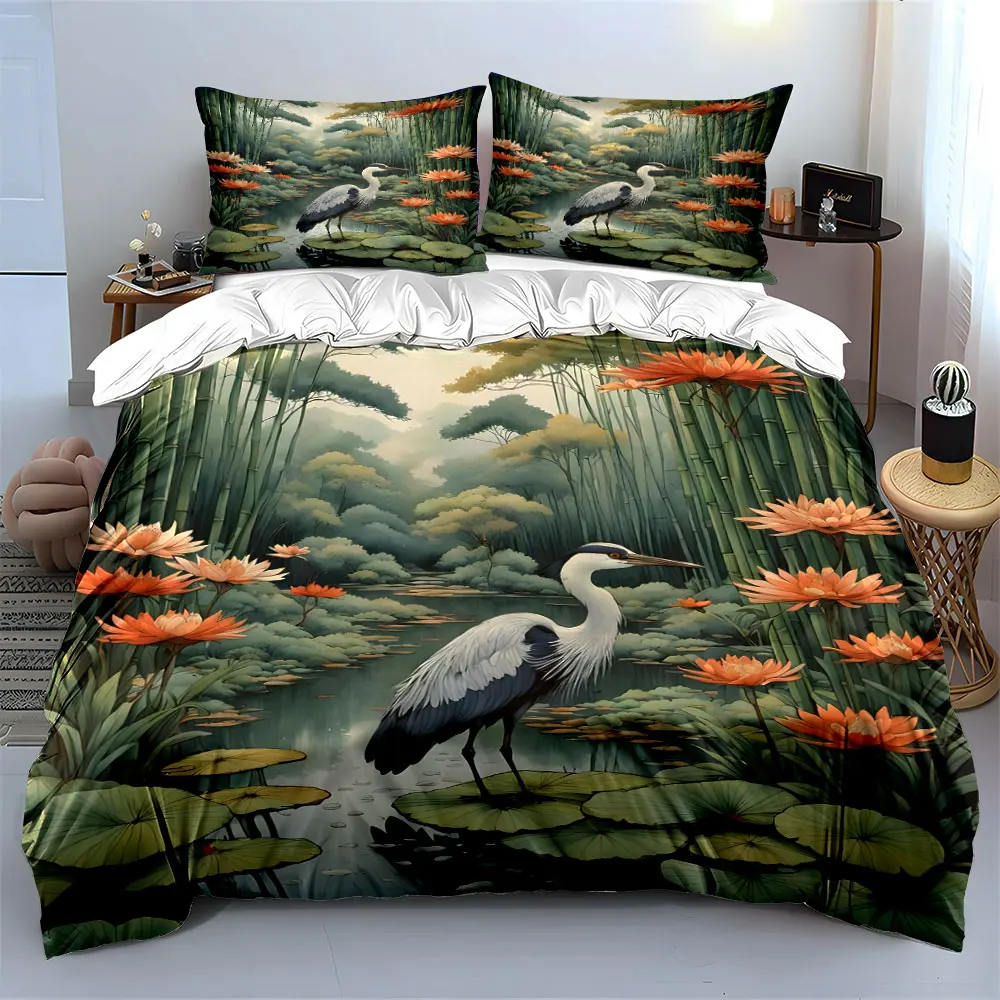 3pcs Heron with Lotus in Bamboo Grove Duvet Cover Set with 3D Printing Design Soft Polyester Bedding Set All-Season Comfort