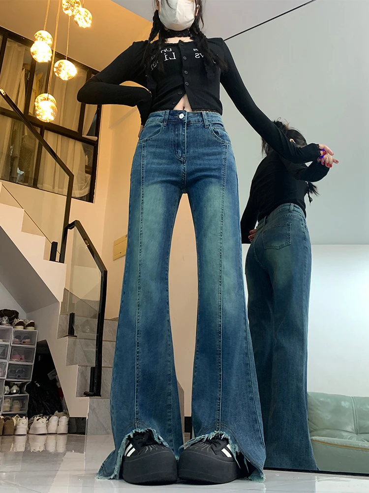 Cintura alta queimado jeans feminino primavera 2025 vintage fenda desgastado até o chão calças emagrecimento tamanho grande casual denim