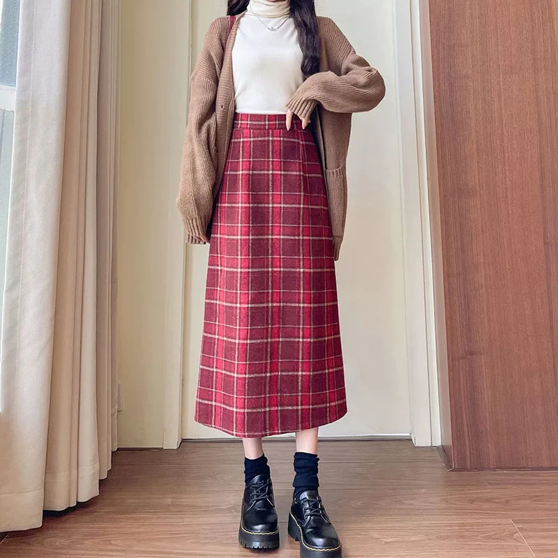 

High Waist Woolen Long Skirt for Woman Vintage Loose Middle Length Checkered Skirts Women Autumn Winter Plaid Skirt