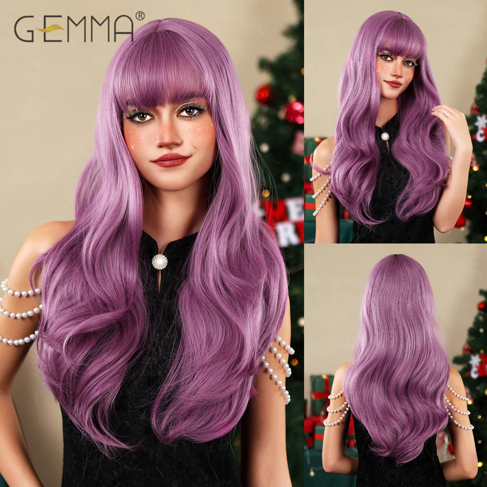 

GEMMA Synthetic Purple Long Wavy Wig with Bangs Natural Wave Colorful Cosplay Party Hair Wigs for Women Heat Resistant Fibre