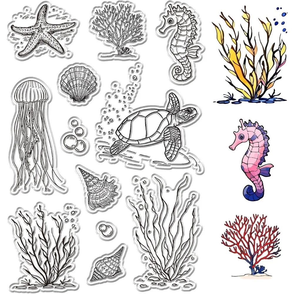 Transparente Stempel mit Meerestieren, Ozean, für die Kartenherstellung, transparente Gummistempel, Meeresschildkröte, wiederverwendbarer Silikonstempel, Basteln, DIY