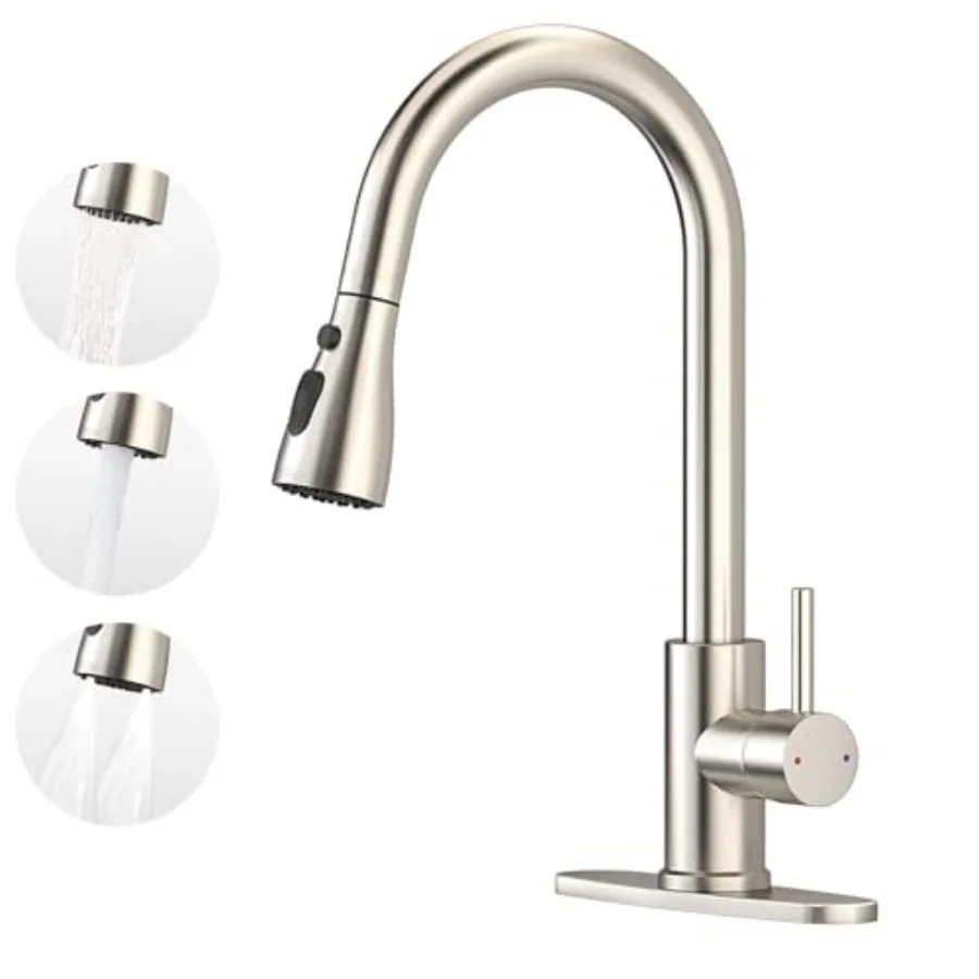 

Kitchen Faucet with Pull Down Sprayer, Stainless Steel Single Handle Kitchen Faucet, 1/3 Hole, Deck Plate Included Suitable for
