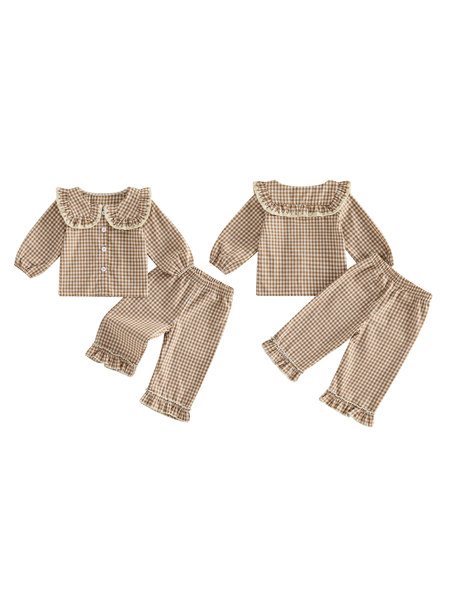 

Adorable Infant Girls Checkered Ensemble Stylish Button-Up Shirt with Frilly Trousers 2-Piece Outfit Set