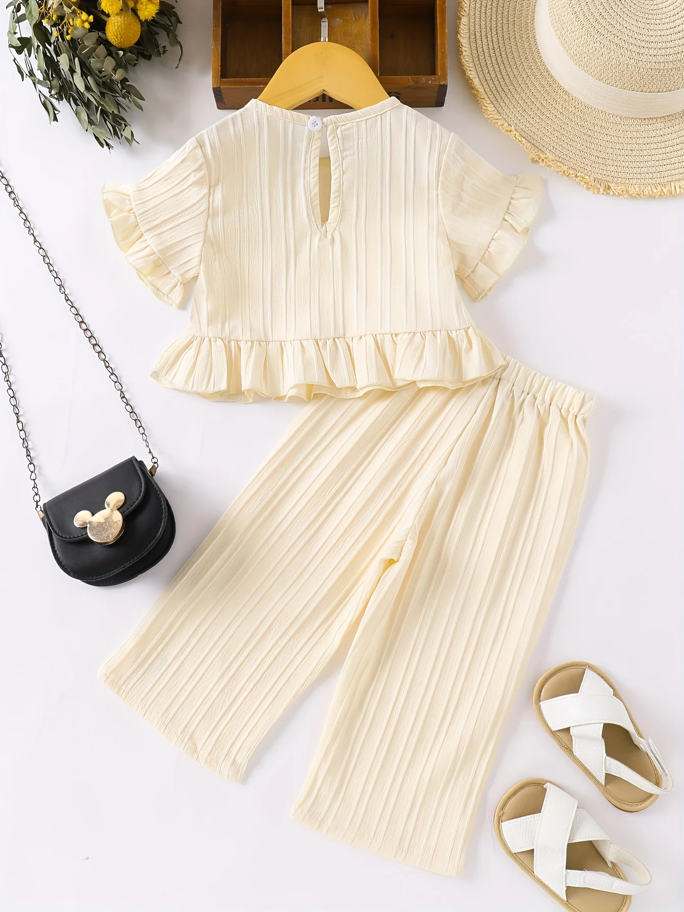 Cream Yellow Ribbed Flutter-Sleeve Ruffle Set - Wide-Leg Pants Girls’ Gentle Relaxed Daily Outfit
