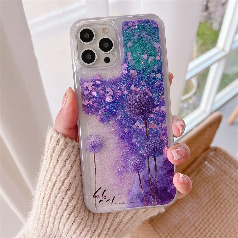 Floral Butterfly Quicksand Case for iPhone 16 Pro Max Phone Cases 15 14 Glitter Purple Moving Sand Love Hearts Cover Fundas Capa