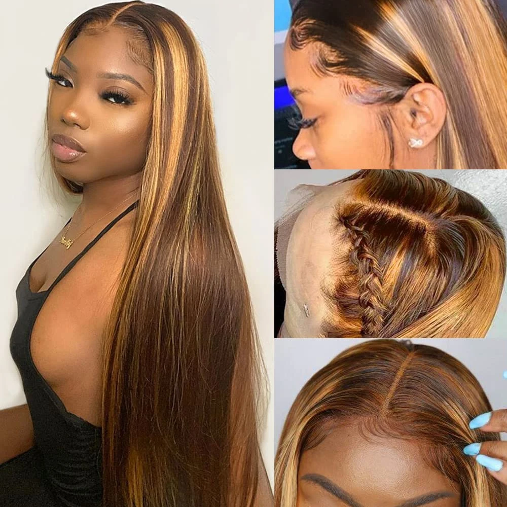 

Highlight Bone Straight Lace Front Human Hair 4/27 Ombre 13x4 Lace Frontal Wigs 30 Inch Honey Blonde Colored Wigs For Women