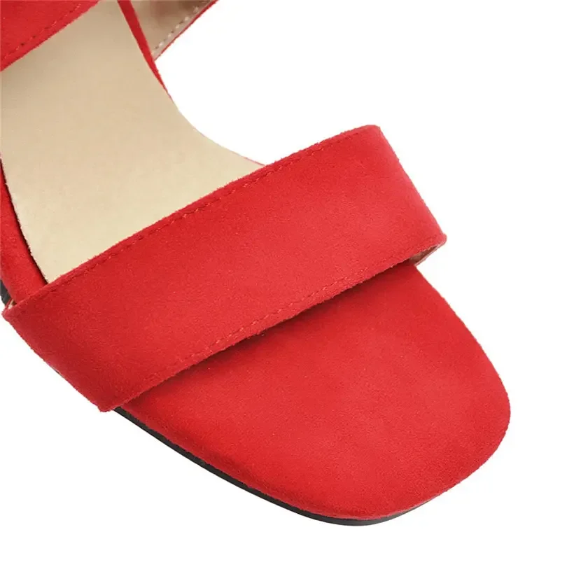 Big Size Casual Women Sandals Black Flock 7cm High Square Heels Peep Toe Summer Cross Buckle Strap Party Office Red Lady Sandals