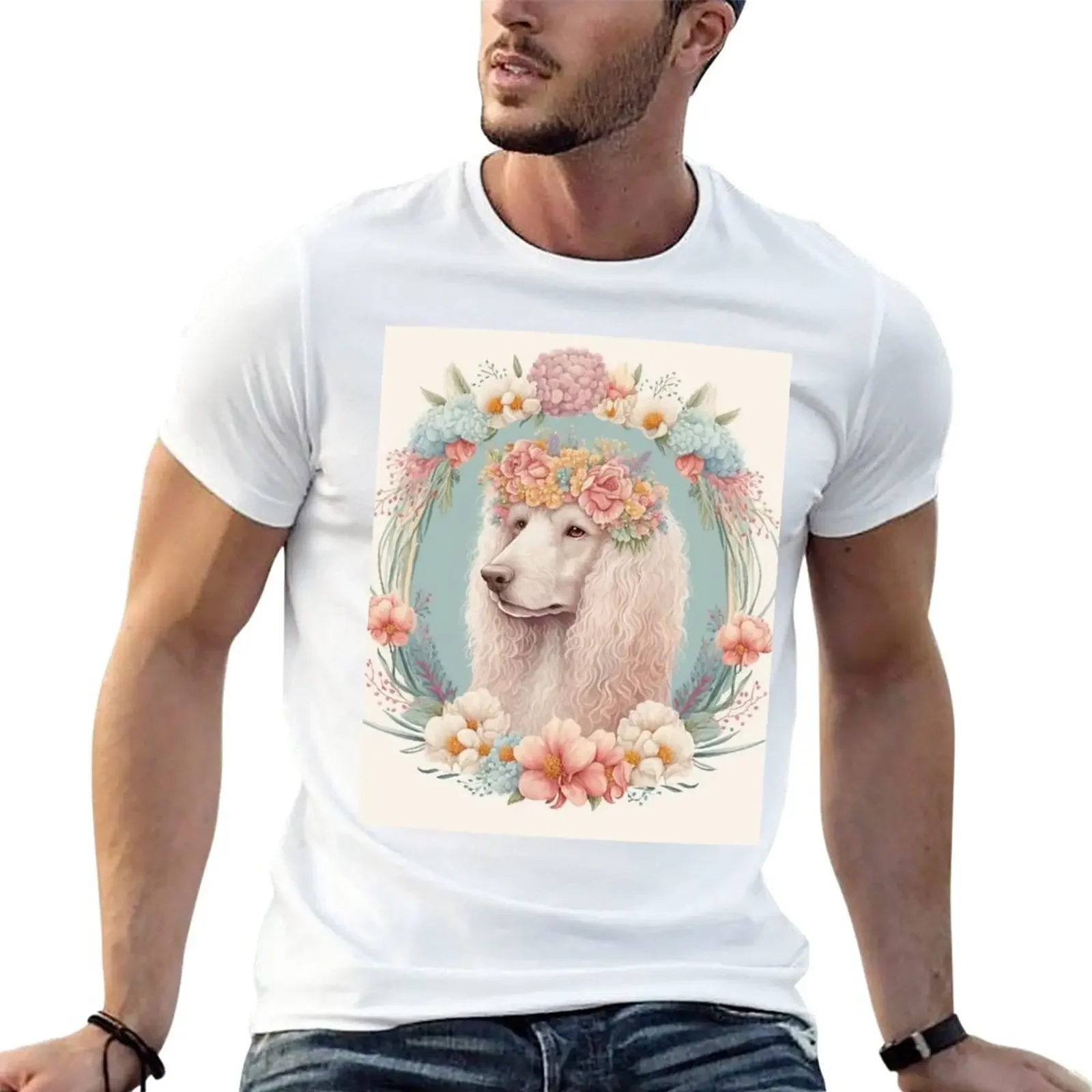 

Cute Poodle Dog in Watercolor Floral Crown Painting T-Shirt animal prinfor boys tops summer top plain black t shirts men