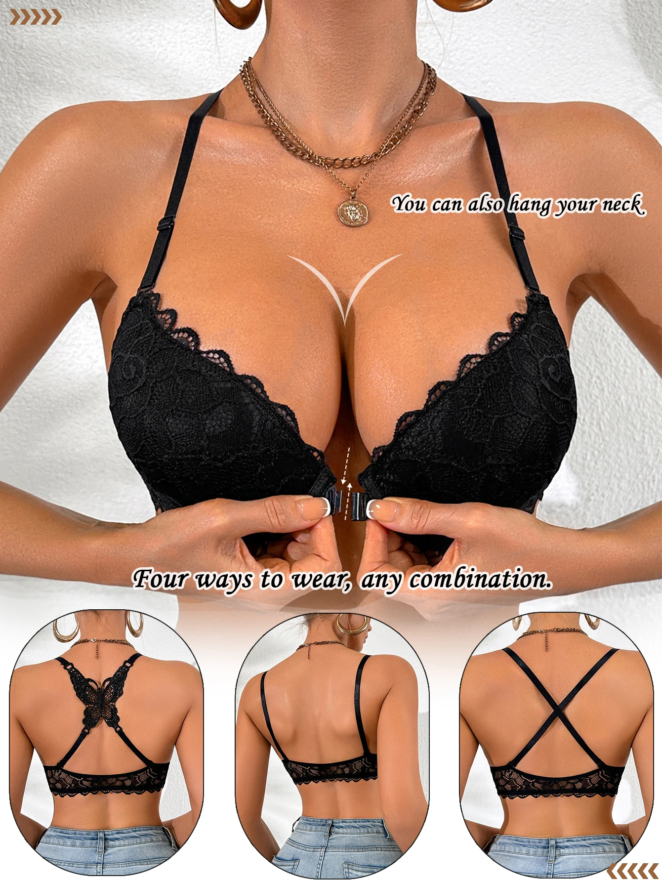 Butterfly Back Damen Spitzen-BH Sexy Vorderverschluss Push-Up BH Mehrweg-Träger Dessous – Detail 2