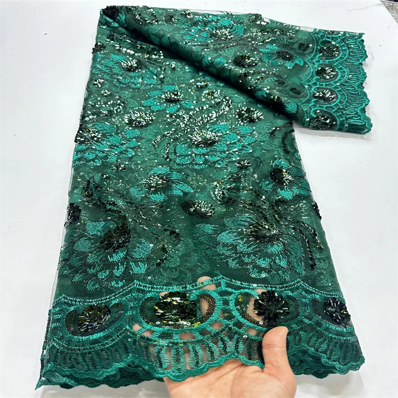 2024 African Lace Fabric Sequins Nigerian Tulle Mesh Lace Fabric Sequins 5 Yards High Quality for Party Wedding Dress Green