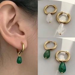 Vintage Transparent Green Natural Stones Teardrop Dangle Earrings for Women Simple Stainless Steel 18K Gold Plated Hoops Huggies