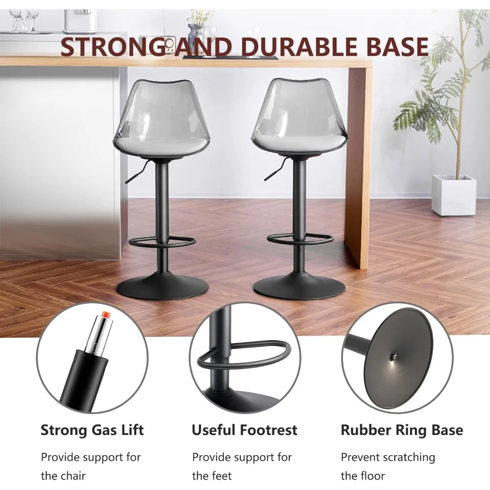 مجموعة مقاعد بار شفافة مكونة من 2، مقاعد بار أكريليك دوارة قابلة للتعديل بارتفاع عداد مع منجد من جلد البولي يوريثان، مقاعد بار بدون ذراع