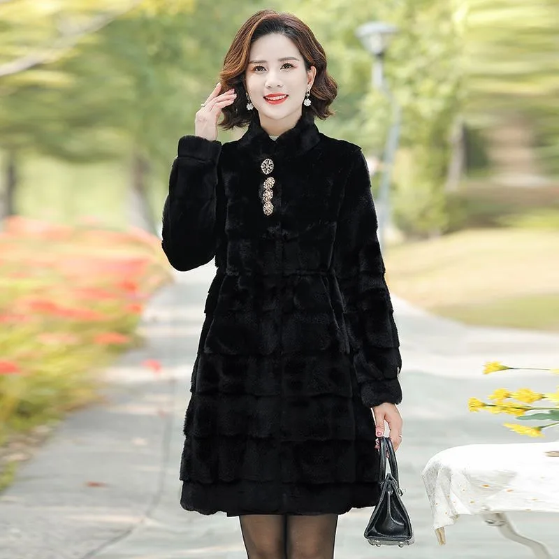 2023 Autumn Winter New Mink Fur Coat Mom Wear Mink Fur Fashion Overcoat Middle Old Age Women Imitation Fur Jacket Medium Long