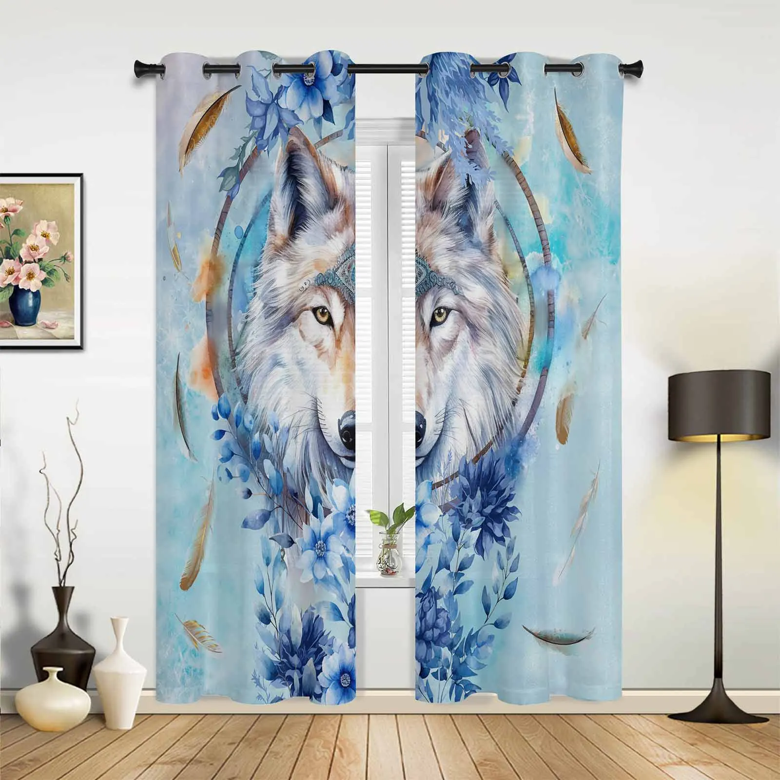 Watercolor Wolf Flower Feather Window Curtains for Living Room Luxury Bedroom Curtains Coffee Dining Room Drapes