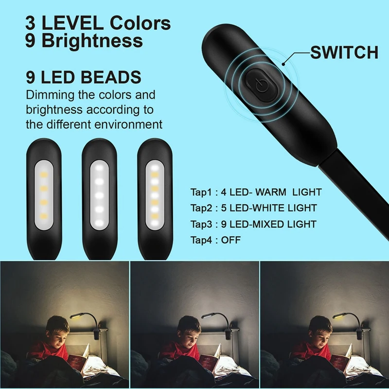 9 LED Book Light For Reading In Bed With 3 Brightness, Easy Clip On Reading Lamp