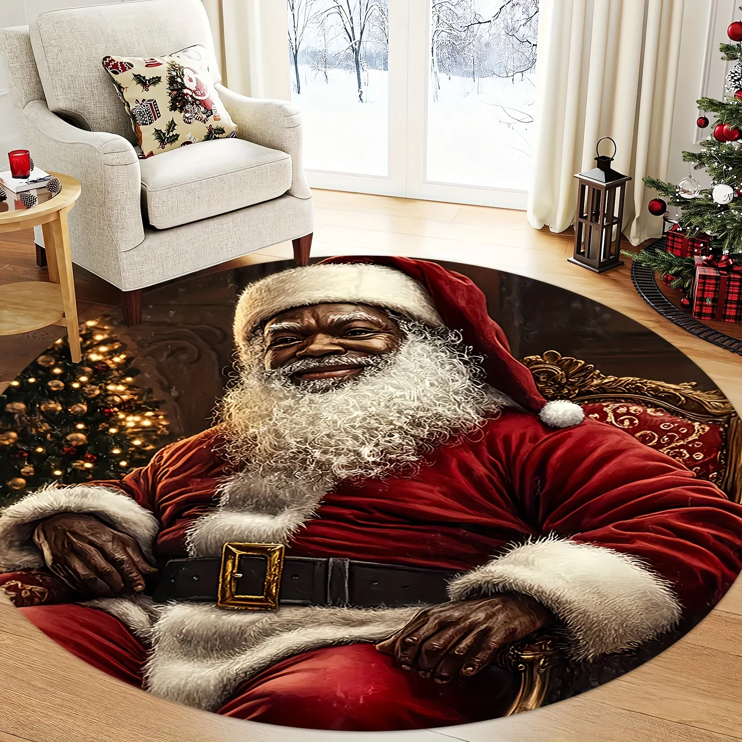 

Мягкий бархатный рождественский коврик Санта-Клауса, плюшевый круглый коврик с нескользящей спинкой, моющийся для внутреннего и наружного праздничного декора ​