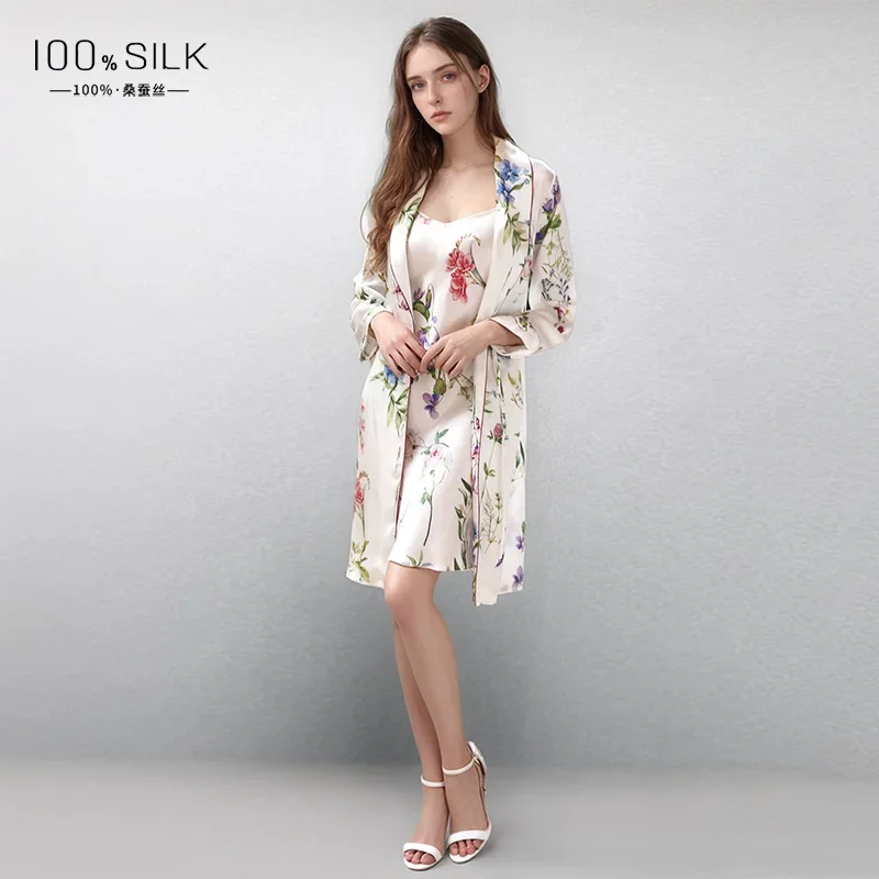 Floral Print 100% Mulberry Silk Nightgown & Kimono Robe Sexy Sleepwear Two-piece Set Women's Soft Pure Silk Nightdress Robe Suit
