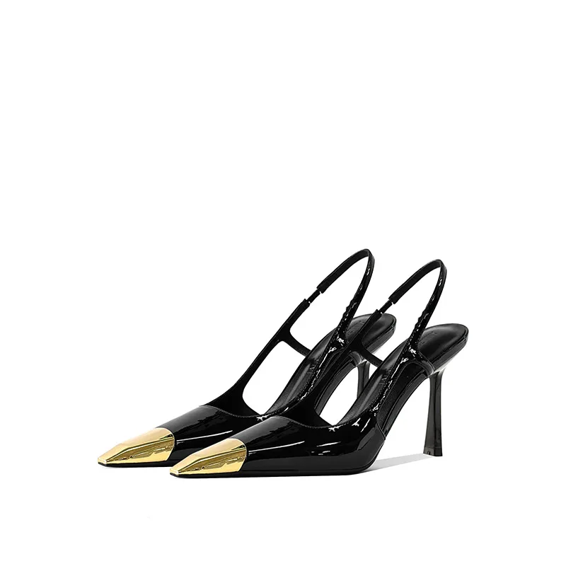 

Gorasion New Women Wear Single Shoe Metal Sexy Backheel Sandals Wear Black Patent Leather Heel Side Slit Fashion High Heels