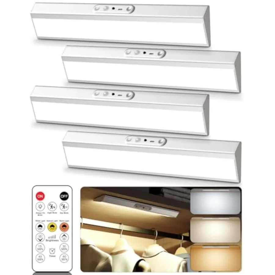 Motion Sensor Closet Lights, Eye Protection Design Cabinet Lighting Wireless with Remote, 3 Color Temps and Dimmable, Magnetic,